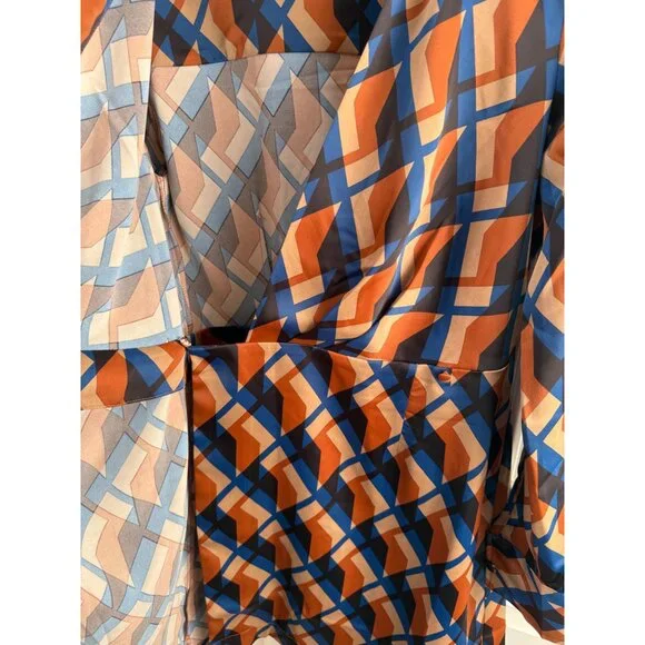 Banana Republic Blue and Orange Geometric Print Satin Wrap Dress - Picture 4 of 12